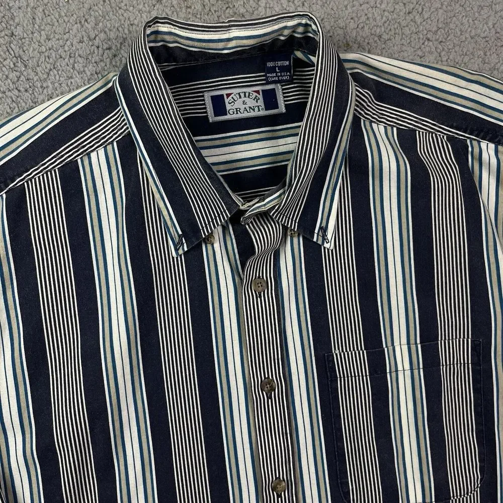 Vintage Sutter & Grant Striped Button Up Shirt White Blue Sz‎ Large
